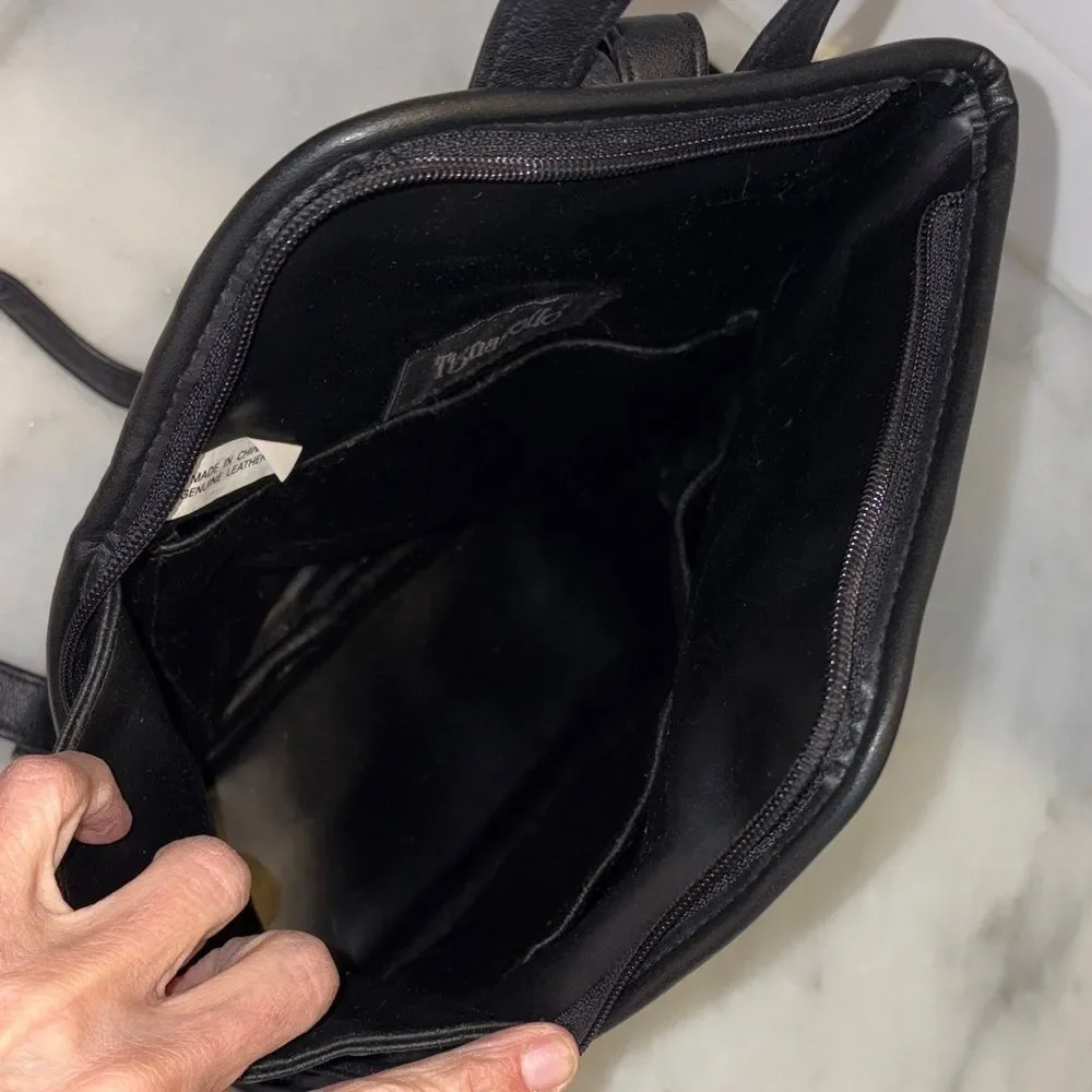 Tignanello Black Leather Sling Backpack Convertible Travel Bag